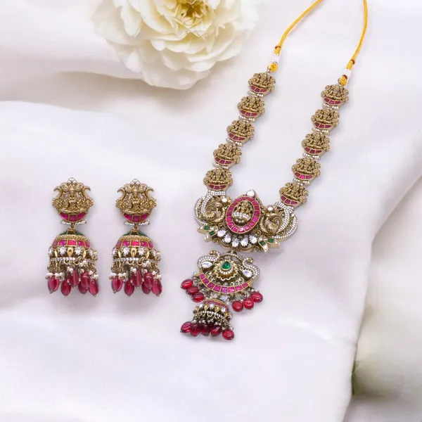 GoldPlated_Emerald_and_Ruby_Teardrop_Necklace_Set_with_Matching_Earrings_For_Women_&_Girls