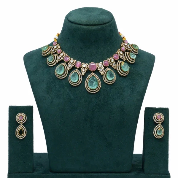GoldPlated_Emerald_and_Ruby_Teardrop_Necklace_Set_with_Matching_Earrings_For_Women_&_Girls