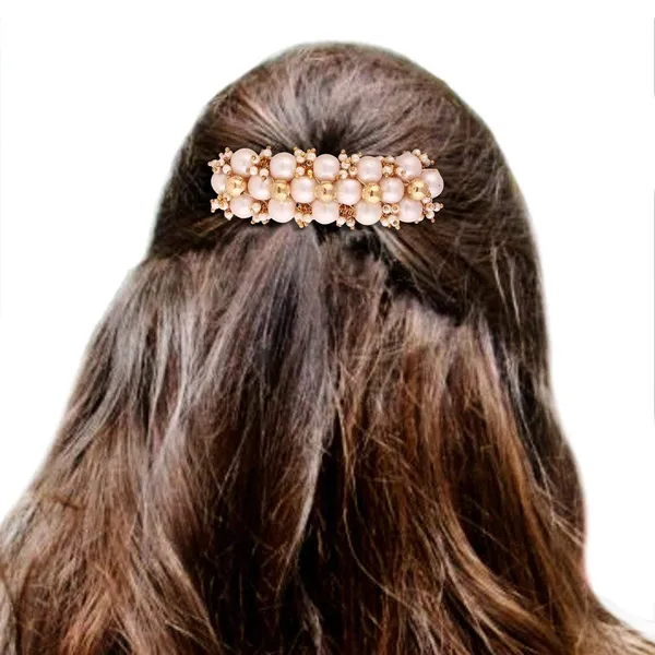 Gold-Toned_White_Pearls_&_Beads_Clip/Barrette_For_Women_&_Girls