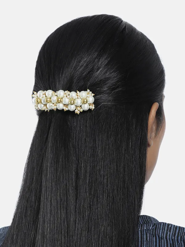 Gold-Toned_White_Pearls_&_Beads_Clip/Barrette_For_Women_&_Girls