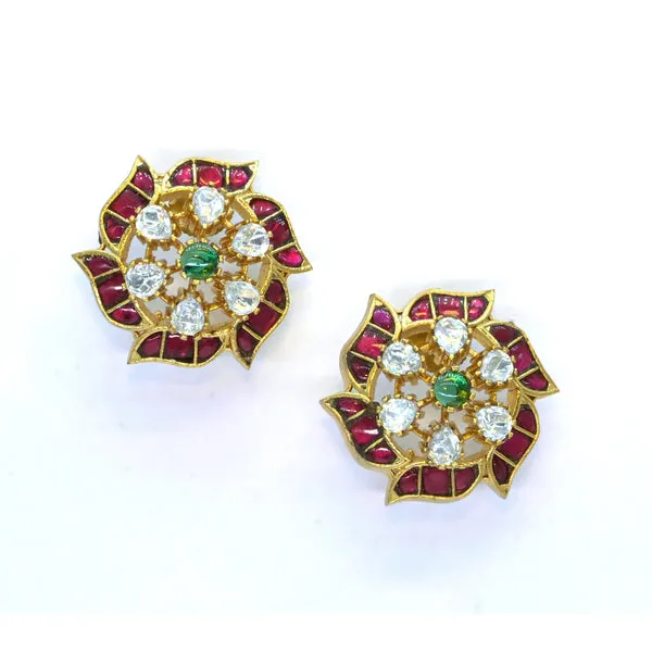 GoldPlated_Floral_Stud_Earrings_with_Ruby_and_Emerald_Accen_For_Women_&_Girls