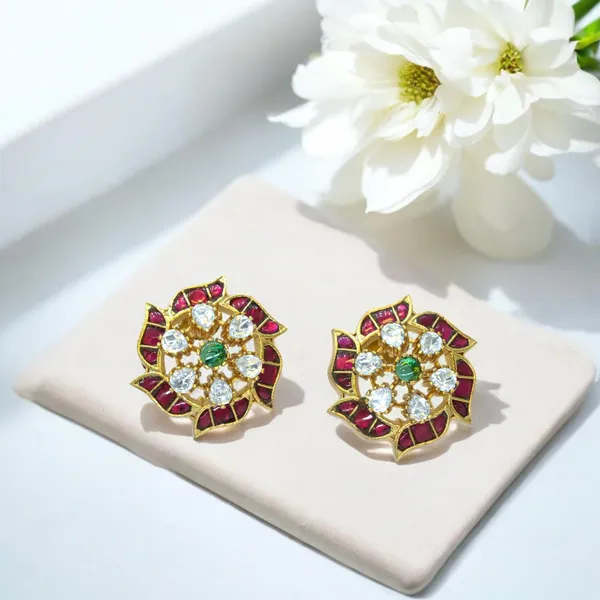 GoldPlated_Floral_Stud_Earrings_with_Ruby_and_Emerald_Accen_For_Women_&_Girls