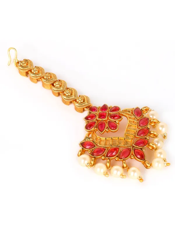 Gold-Plated_Stone-Studded_Faux_Pearls-Beaded_Antique_Maang_For_Women_&_Girls