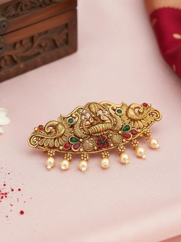 JWELLA_Traditional_Gold-Plated_Peacock_Hair_Clip_with_Pearls_and_Stones