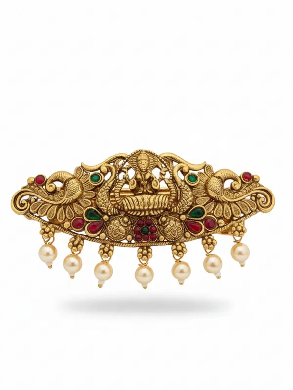 JWELLA_Traditional_Gold-Plated_Peacock_Hair_Clip_with_Pearls_and_Stones