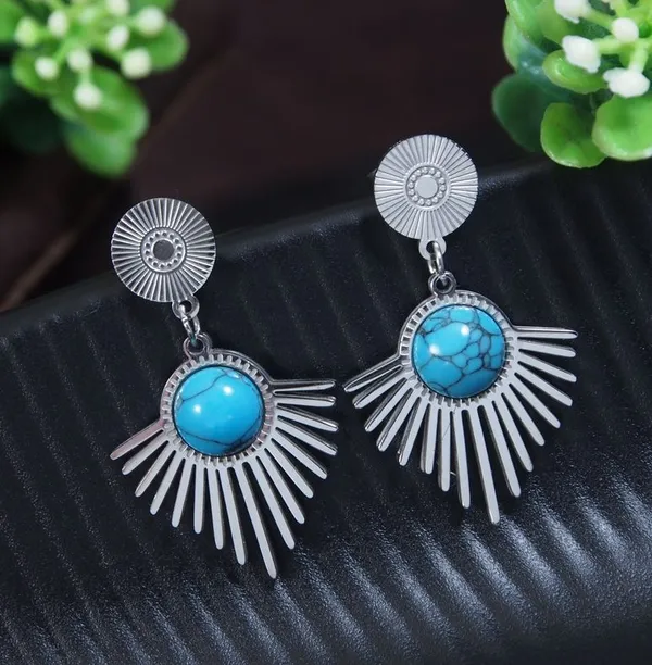 Stainless_Steel_Turqoise_Sunburst_Drop_Earring_For_Women_&_Girls