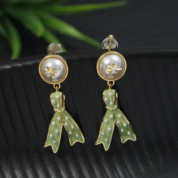 Korean_Gold_Plated_Green_Ribbon_Shaped_Drop_Earring__4649_For_Women_&_Girls