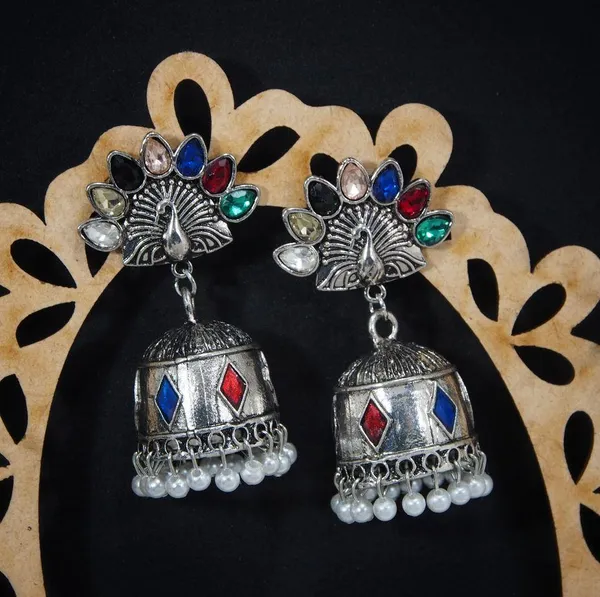 Antique_Silver_Plated_Multicolor_Peacock_Design_Jhumki_Earring_With_Pearl_And_Ghungroos__1481_For_Women_&_Girls
