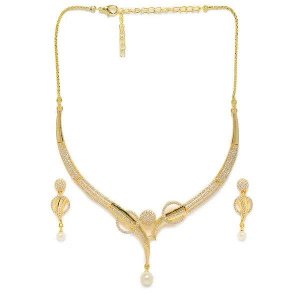 GoldTone_Swirl_&_Pearl_Necklace_and_Earring_Set_with_Sparkling_Accents_For_Women_&_Girls