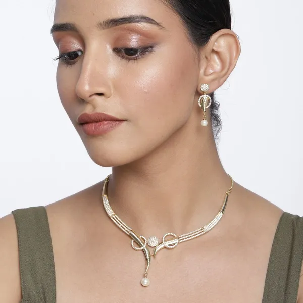 GoldTone_Swirl_&_Pearl_Necklace_and_Earring_Set_with_Sparkling_Accents_For_Women_&_Girls