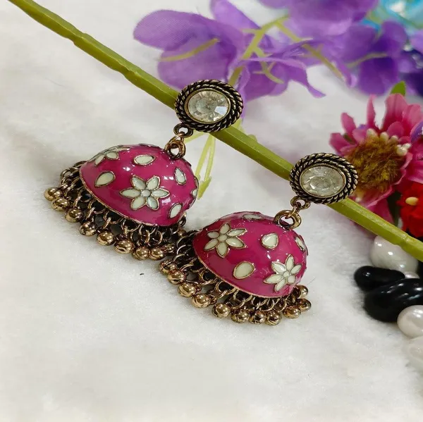Antique_Gold_Plated_Pink_Coloured_Floral_Jhumka_Earring_For_Women_&_Girls