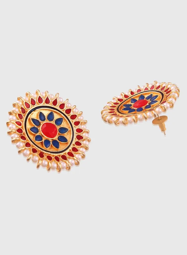 GoldPlated_Ethnic_Round_Stud_Earrings_with_Red_and_Blue_Ena_For_Women_&_Girls