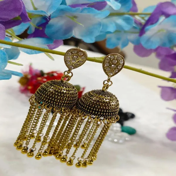 Antique_Gold_Plated_Chain_Tassel_Jhumka_Earring_For_Women_&_Girls