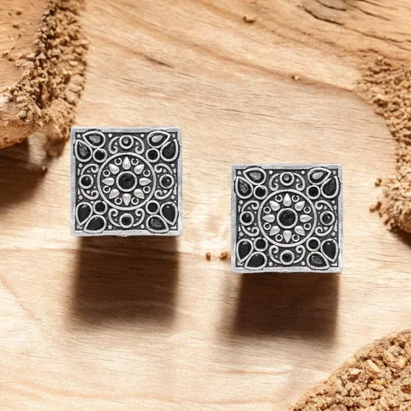 Antique_SilverPlated_Square_Stud_Earrings_With_Black_Accent_For_Women_&_Girls