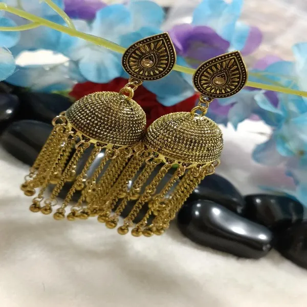 Antique_Gold_Plated_Chain_Tassel_Jhumka_Earring-AER_4178_For_Women_&_Girls