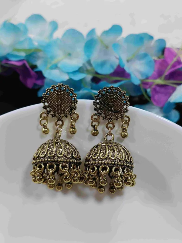 Antique_Gold_Plated_Floral_Artwork_Jhumka_Earring-AER_4175_For_Women_&_Girls