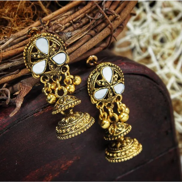 Antique_Gold_Plated_Mirror_Design_Artwork_Small_Jhumki_Earring-_AER_342_For_Women_&_Girls