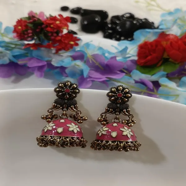 Antique_Gold_Plated_Pink_Coloured_Floral_Jhumka_Earring-AER_4190_For_Women_&_Girls
