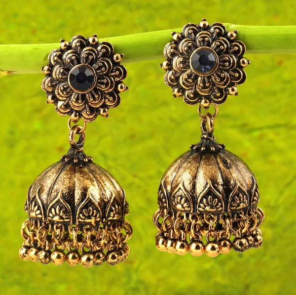 Antique_Gold_Plated_Triple_Floral_Blue_Stone_Artwork_Jhumki_Earring-_AER_270_For_Women_&_Girls