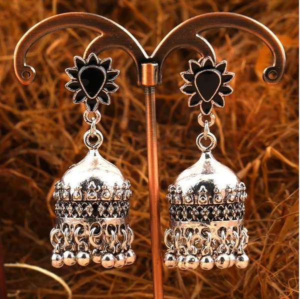 Antique_Silver_Plated_Floral_Black_Enamel_Work_Jhumki_Earring-_AER_292_For_Women_&_Girls