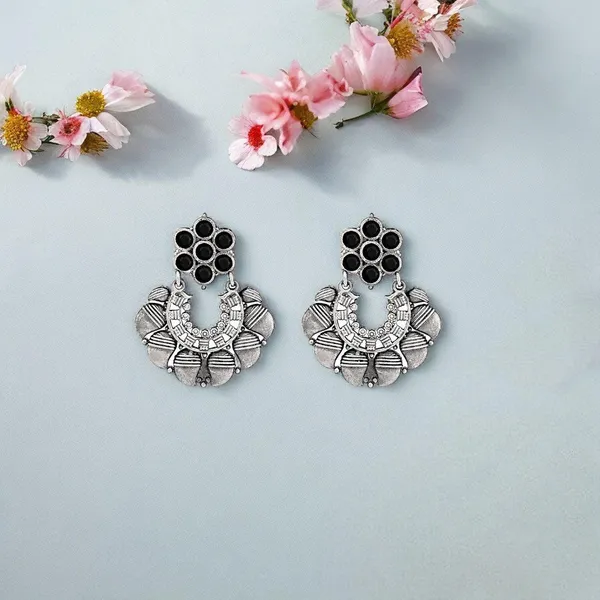Antique_Silver-Plated_Floral_Hoop_Earrings_With_Black_Accent_For_Women_&_Girls
