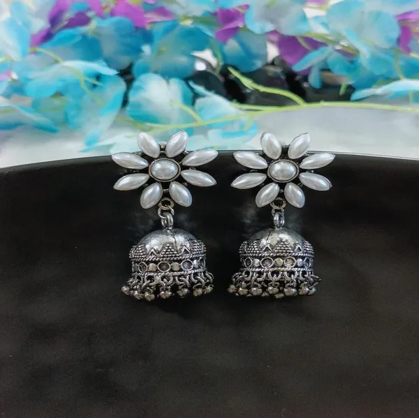 Antique_Silver_Plated_Floral_Pearl_Jhumka_Earring-AER_4198_For_Women_&_Girls