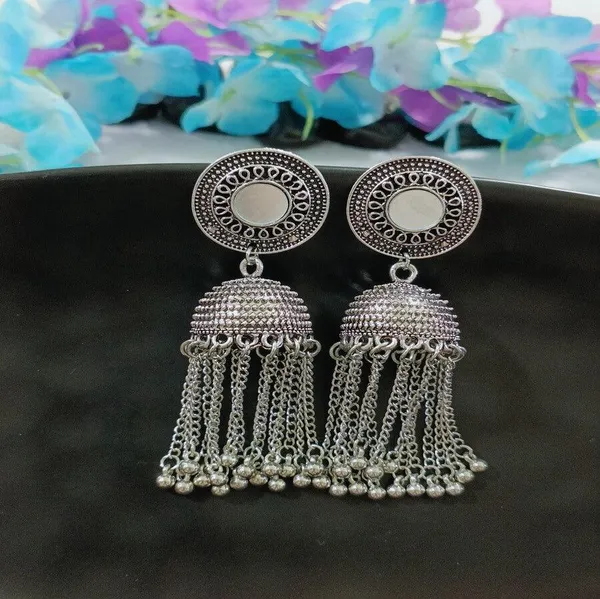 Antique_Silver_Plated_Mirror_Chain_Tassel_Jhumka_Earring.-AER_4183_For_Women_&_Girls