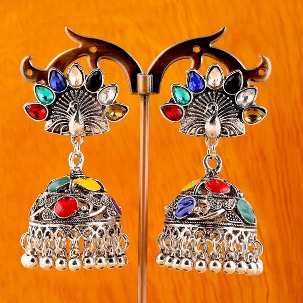 Antique_Silver_Plated_Peacock_Multicolors_Stone_Jhumka_Earring-_AER_279_For_Women_&_Girls
