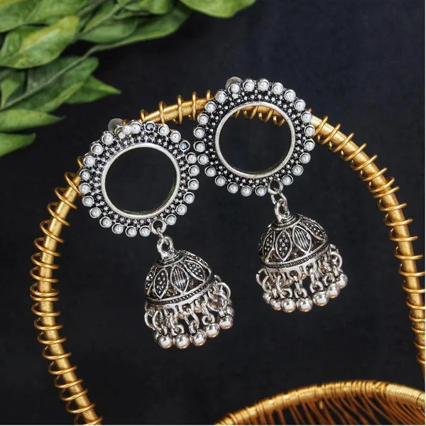 Antique_Silver_plated_round_shaped_Jhumki_with_Ghungroos_and_pearl-_AER_320_For_Women_&_Girls