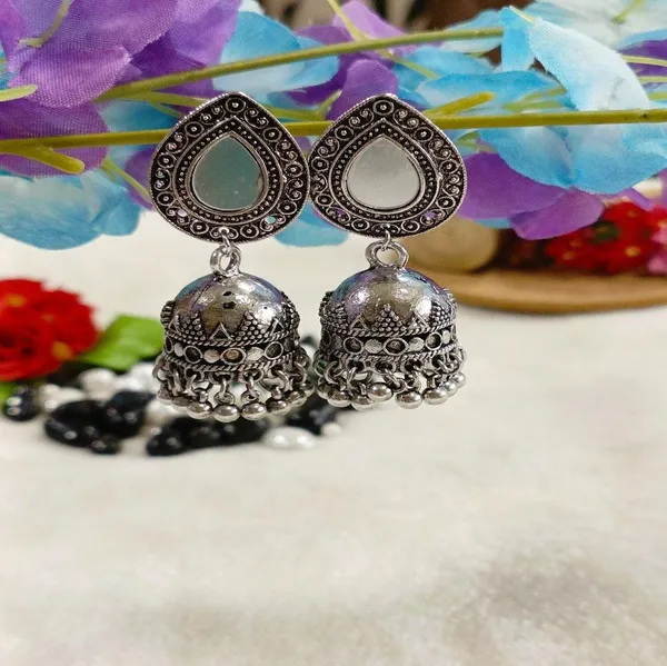 Antique_Silver_Plated_Tear_Drop_Shaped_Mirror_Jhumka_Earring-AER_4189_For_Women_&_Girls