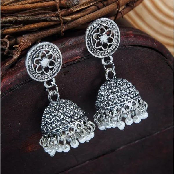 Antique_Silver_Plated_White_Pearl_Small_Jhumki_Earring-_AER_368_For_Women_&_Girls