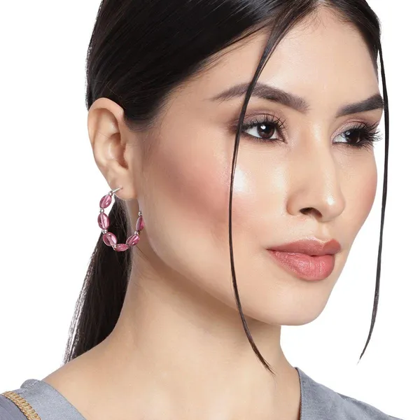 SilverToned_Pink_Beaded_Hoop_Earrings_For_Women_&_Girls