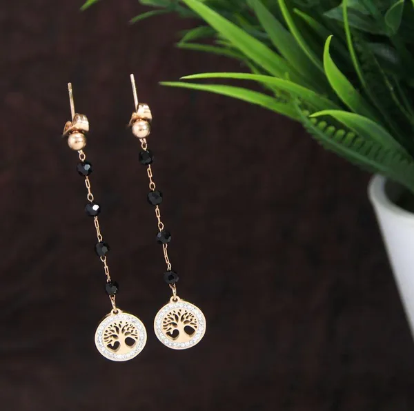 Stainless_Steel_Rosegold_Plated_Black_Bead_Chain_Tree_Designed_Earring_2689_For_Women_&_Girls