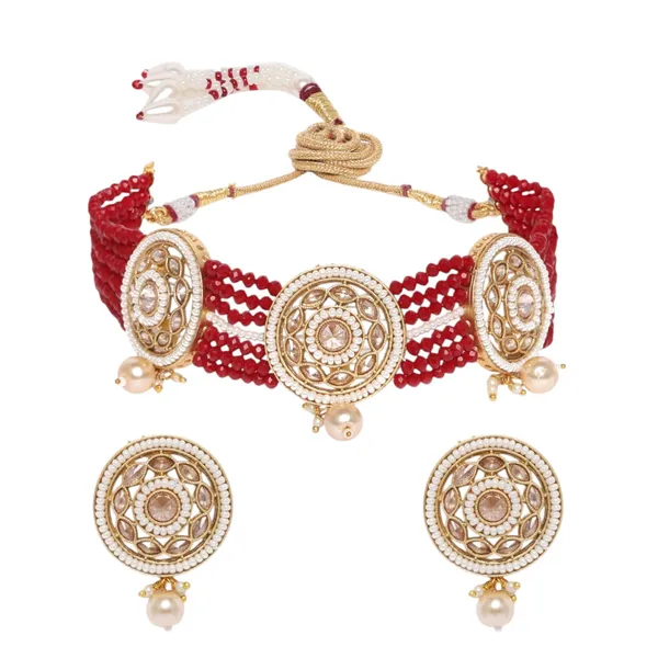 Traditional_Red_Beaded_Choker_Necklace_Set_With_Earrings_For_Women_&_Girls