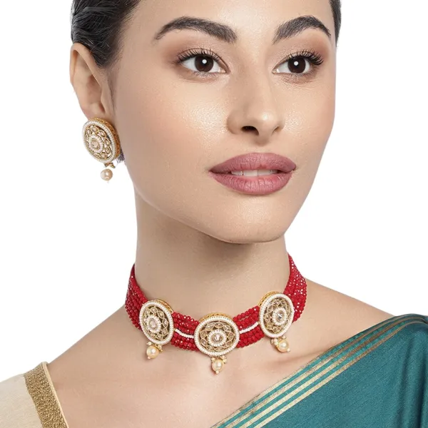 Traditional_Red_Beaded_Choker_Necklace_Set_With_Earrings_For_Women_&_Girls