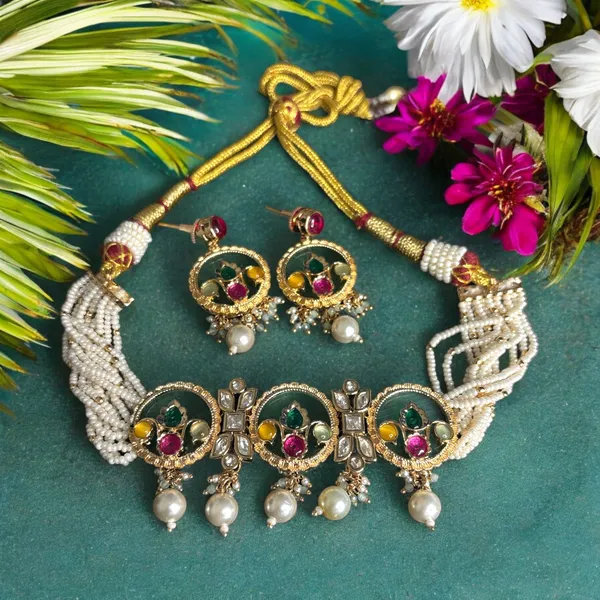 Elegant_Navratna_Kundan_Polki_and_Pearl_Choker_Necklace_Set_with_Earrings_*Premium_Quality*_For_Women_&_Girls