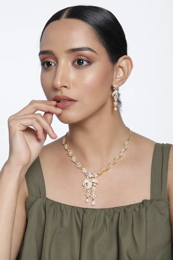 Enchanting_Gold-Tone_Leaf_&_Floral_Necklace_&_Earring_Set_with_Sparkling_Stones_For_Women_&_Girls
