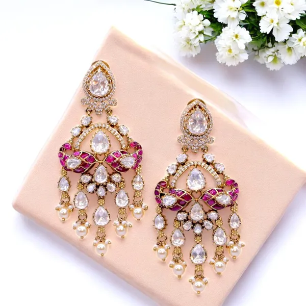 Exquisite_Gold-Plated_Chandelier_Earrings_with_Ruby_and_Pear_For_Women_&_Girls