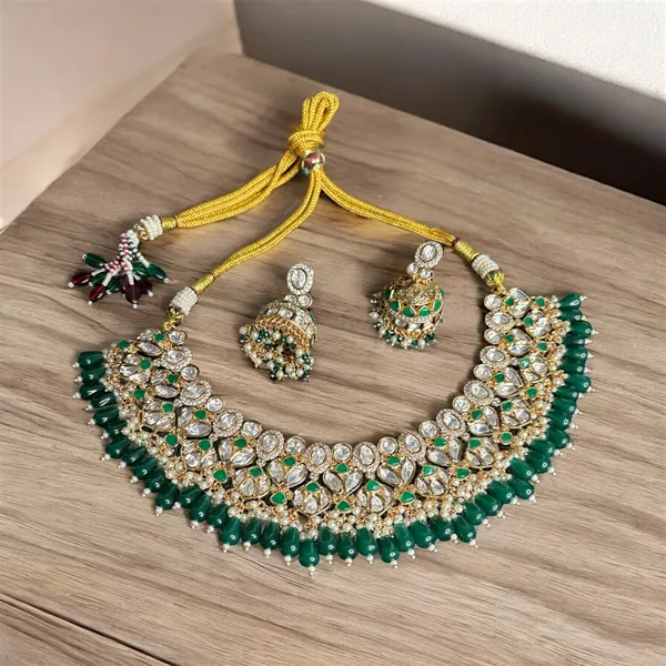 Exquisite_Kundan_and_Green_Bead_Choker_Necklace_Set_with_Jhu_For_Women_&_Girls