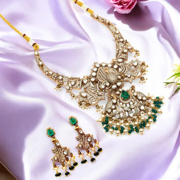 Gold-Plated_Antique_Bridal_Necklace_Set_with_Green_and_Pearl_Accents_For_Women_&_Girls
