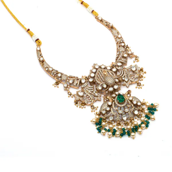 Gold-Plated_Antique_Bridal_Necklace_Set_with_Green_and_Pearl_Accents_For_Women_&_Girls