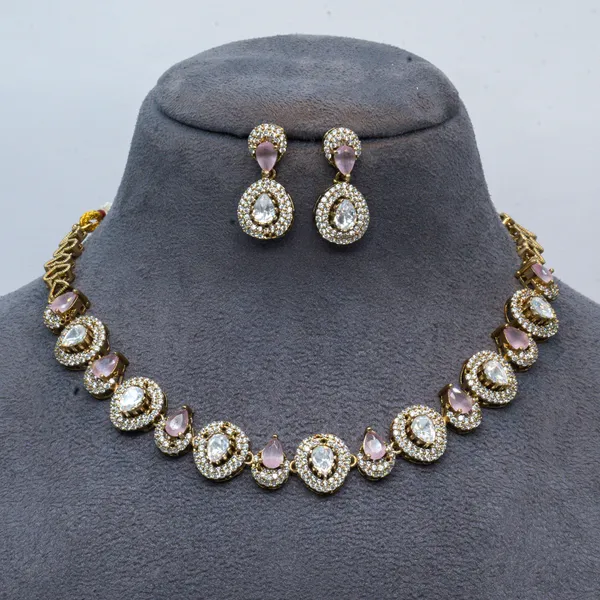 Gold-Plated_Blush_Pink_&_Zirconia_Teardrop_Necklace_Set_For_Women_&_Girls