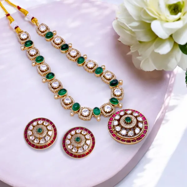 Gold-Plated_Circular_Pendant_Necklace_Set_with_Green_and_Ruby_Accents_For_Women_&_Girls