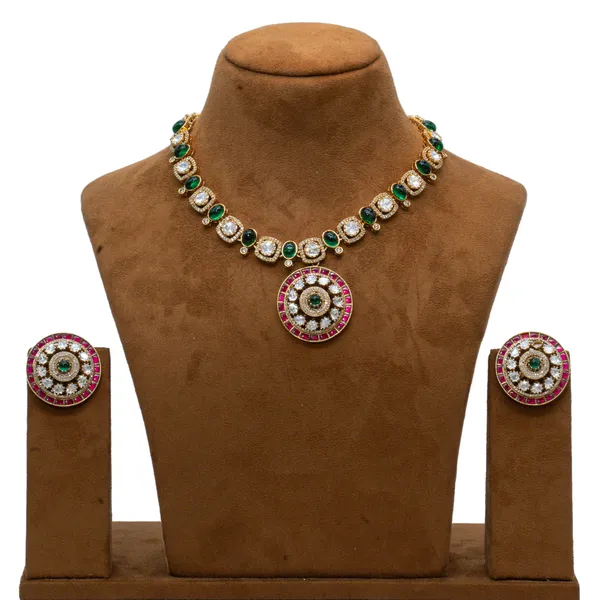 Gold-Plated_Circular_Pendant_Necklace_Set_with_Green_and_Ruby_Accents_For_Women_&_Girls