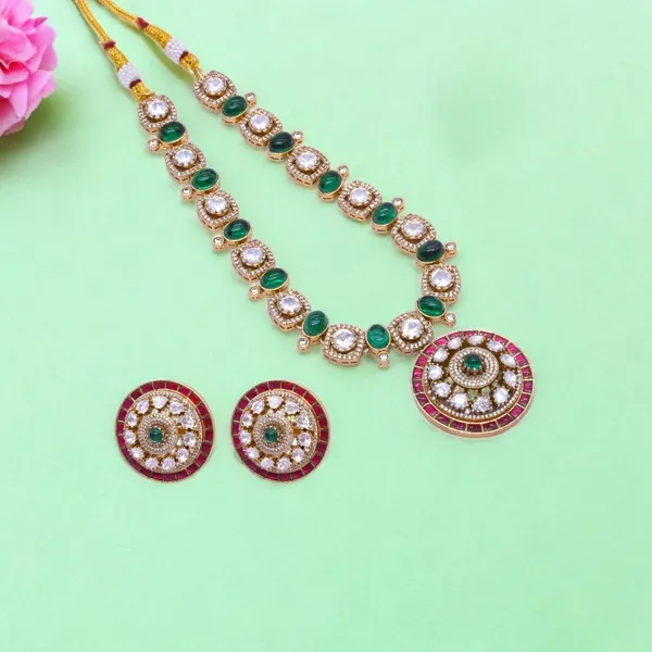 Gold-Plated_Circular_Pendant_Necklace_Set_with_Green_and_Ruby_Accents_For_Women_&_Girls