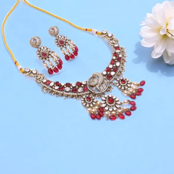 Gold-Plated_Elephant_Motif_Bridal_Necklace_Set_with_Ruby_and_Pearl_Accents_For_Women_&_Girls