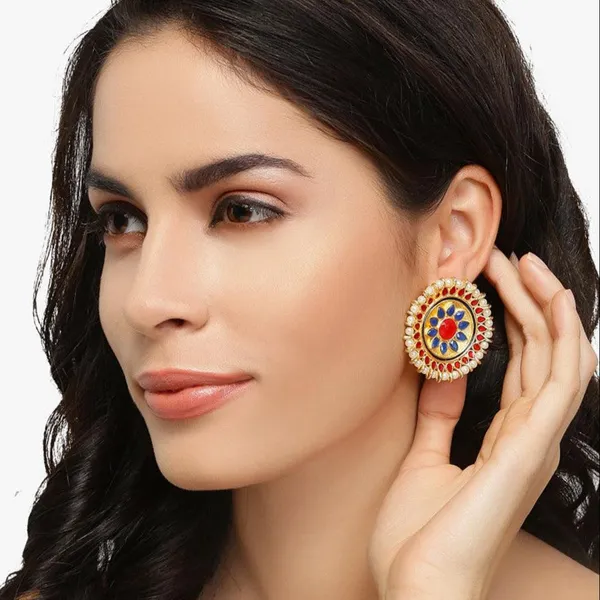 Gold-Plated_Ethnic_Round_Stud_Earrings_with_Red_and_Blue_Ena_For_Women_&_Girls