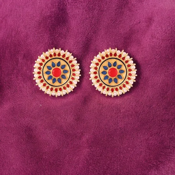 Gold-Plated_Ethnic_Round_Stud_Earrings_with_Red_and_Blue_Ena_For_Women_&_Girls