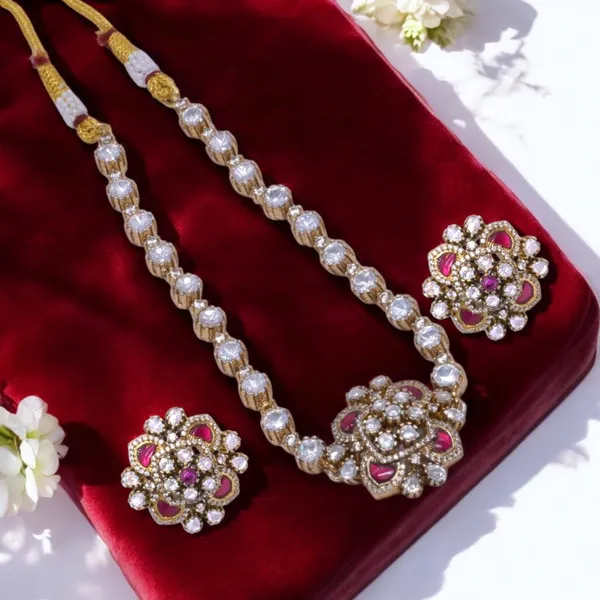 Gold-Plated_Floral_Necklace_Set_with_Ruby_and_Cubic_Zirconia_Accents_For_Women_&_Girls