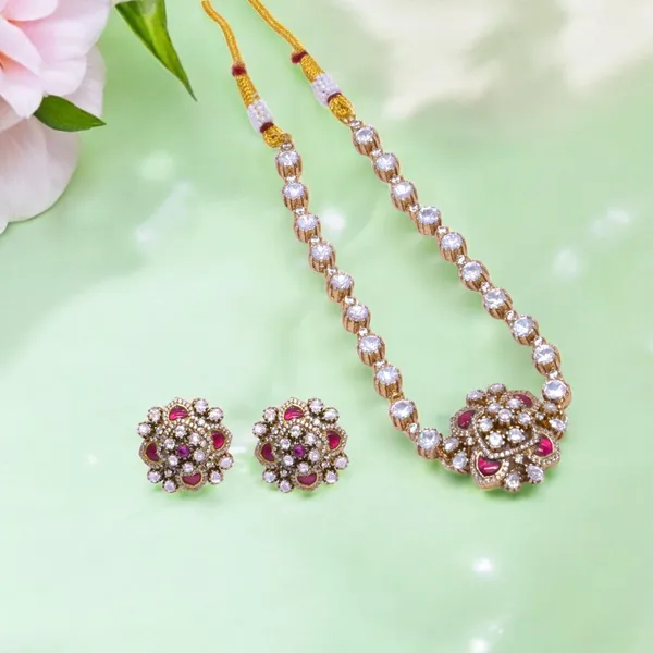 Gold-Plated_Floral_Necklace_Set_with_Ruby_and_Cubic_Zirconia_Accents_For_Women_&_Girls